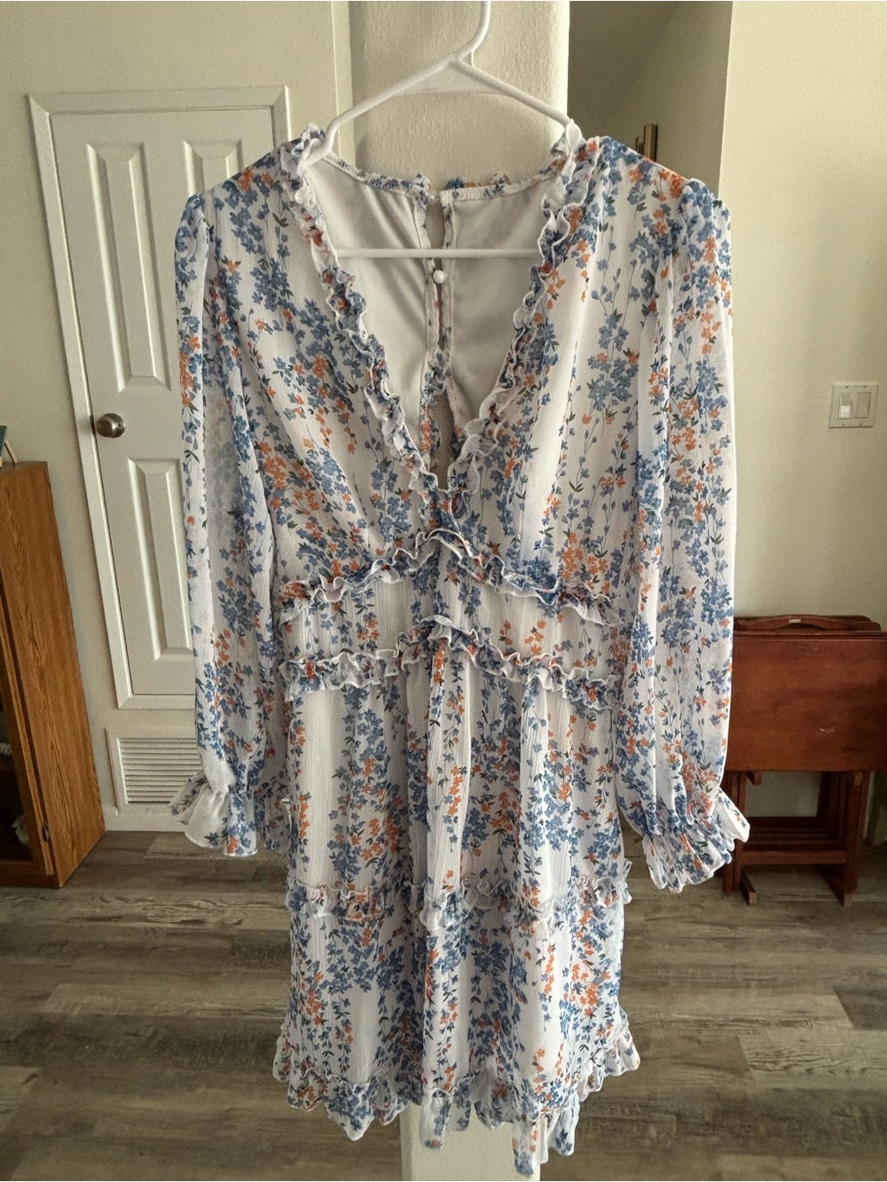Floral Ruffle V-Neck Long Sleeve Dress in White with Blue & Orange Print